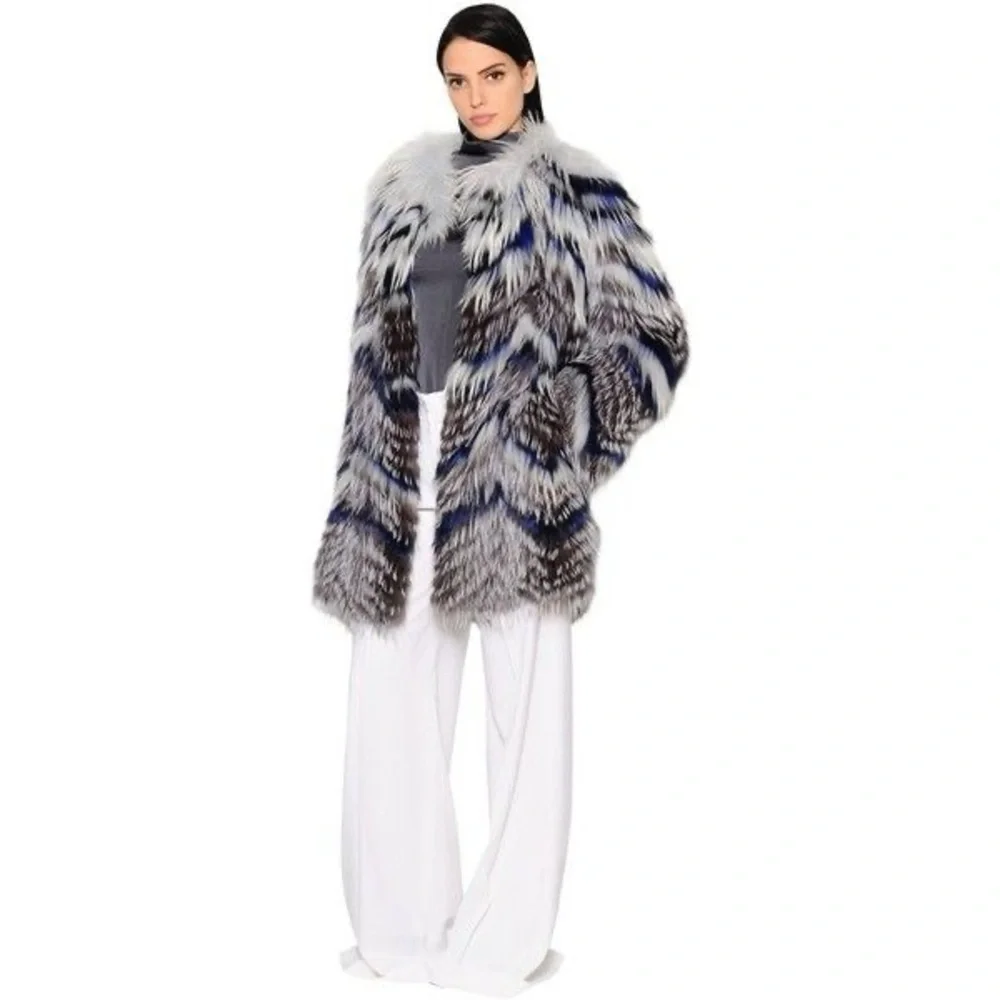 Grey & Multicolor Yves Salomon raccoon /Fox Fur Jacket Size EU 40 /US 10